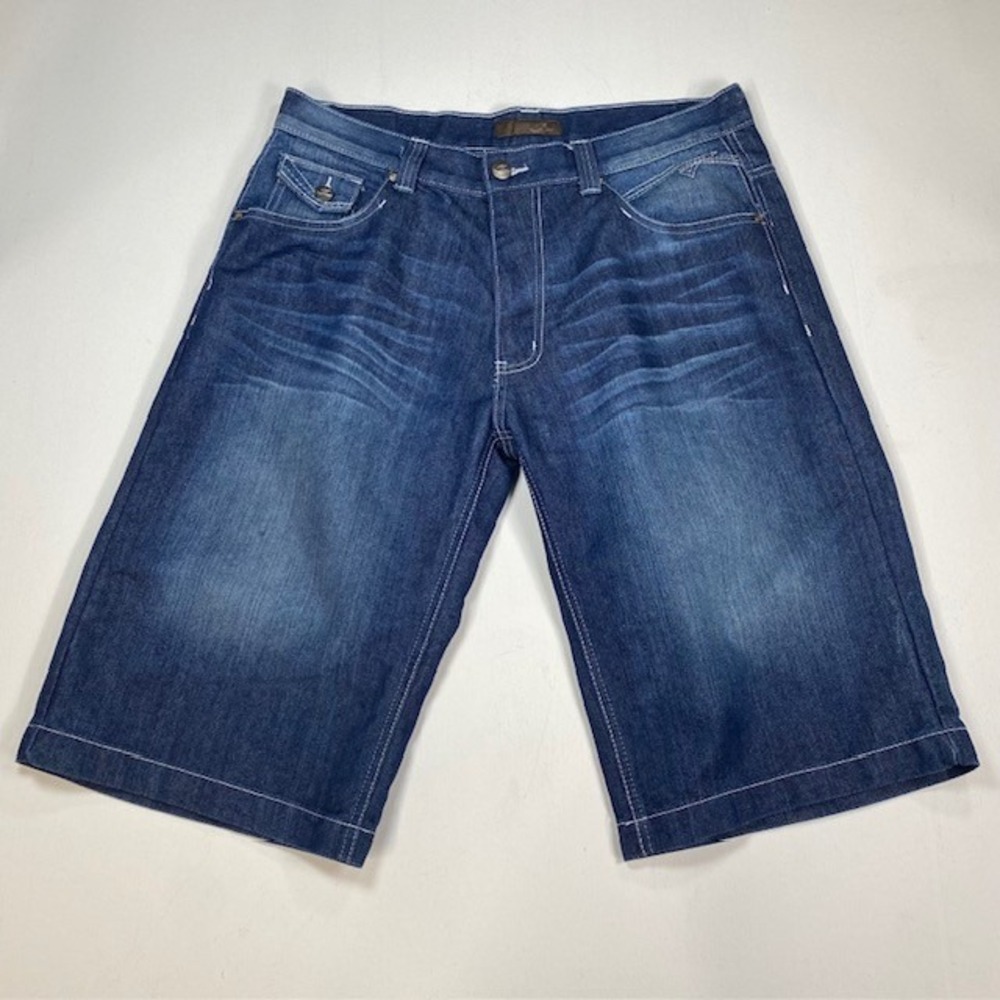 Jinzu Mens Baggy Denim Shorts Dark Wash Contrast Stitch Y2K‎ Jorts Size 36